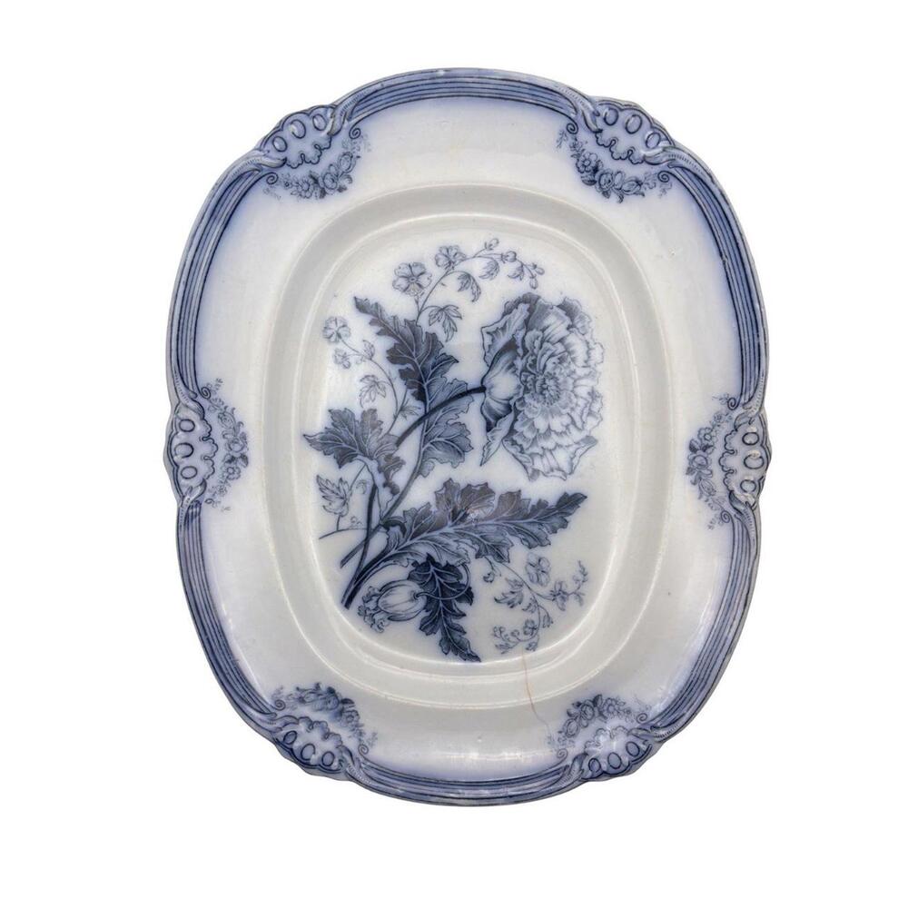 Antique J. Ridgeway Flow Blue Ironstone Platter Moss Rose 1840s